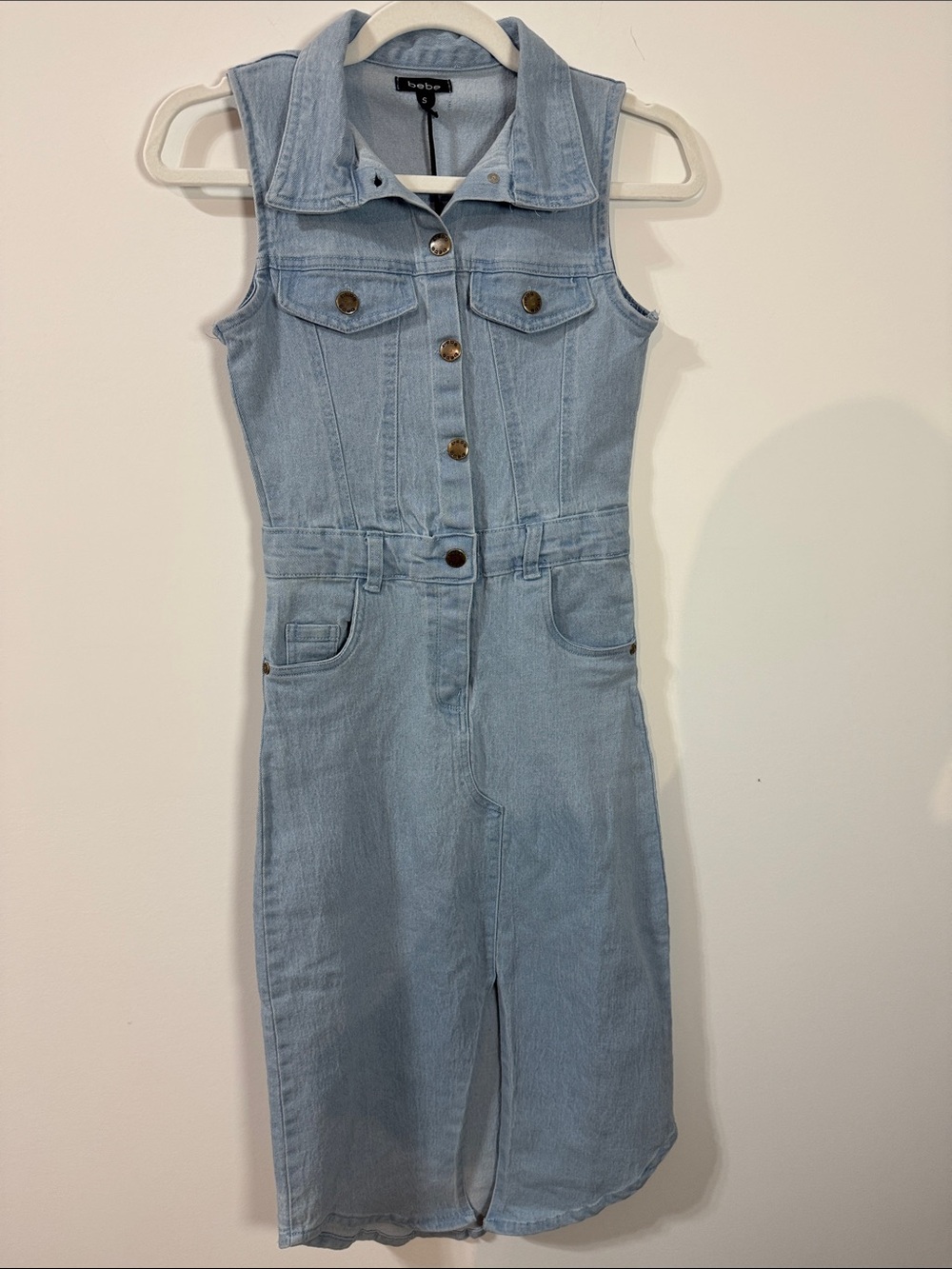 bebe Sleeveless Light Denim Midi Shirt Dress w/ Front Slit & Botton Down -Size S - Picture 3 of 12